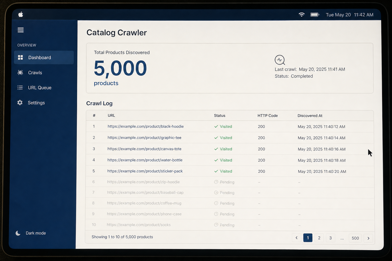 Mockup of a product count next to a crawl log showing how few product pages an AI bot actually visited
