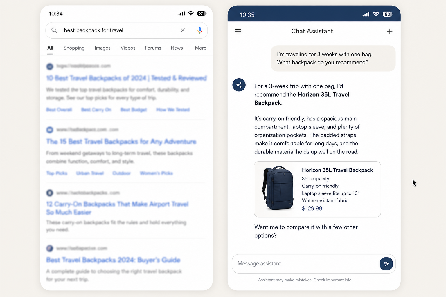 Side-by-side comparison of a search results page versus an AI shopping assistant recommending a product by name