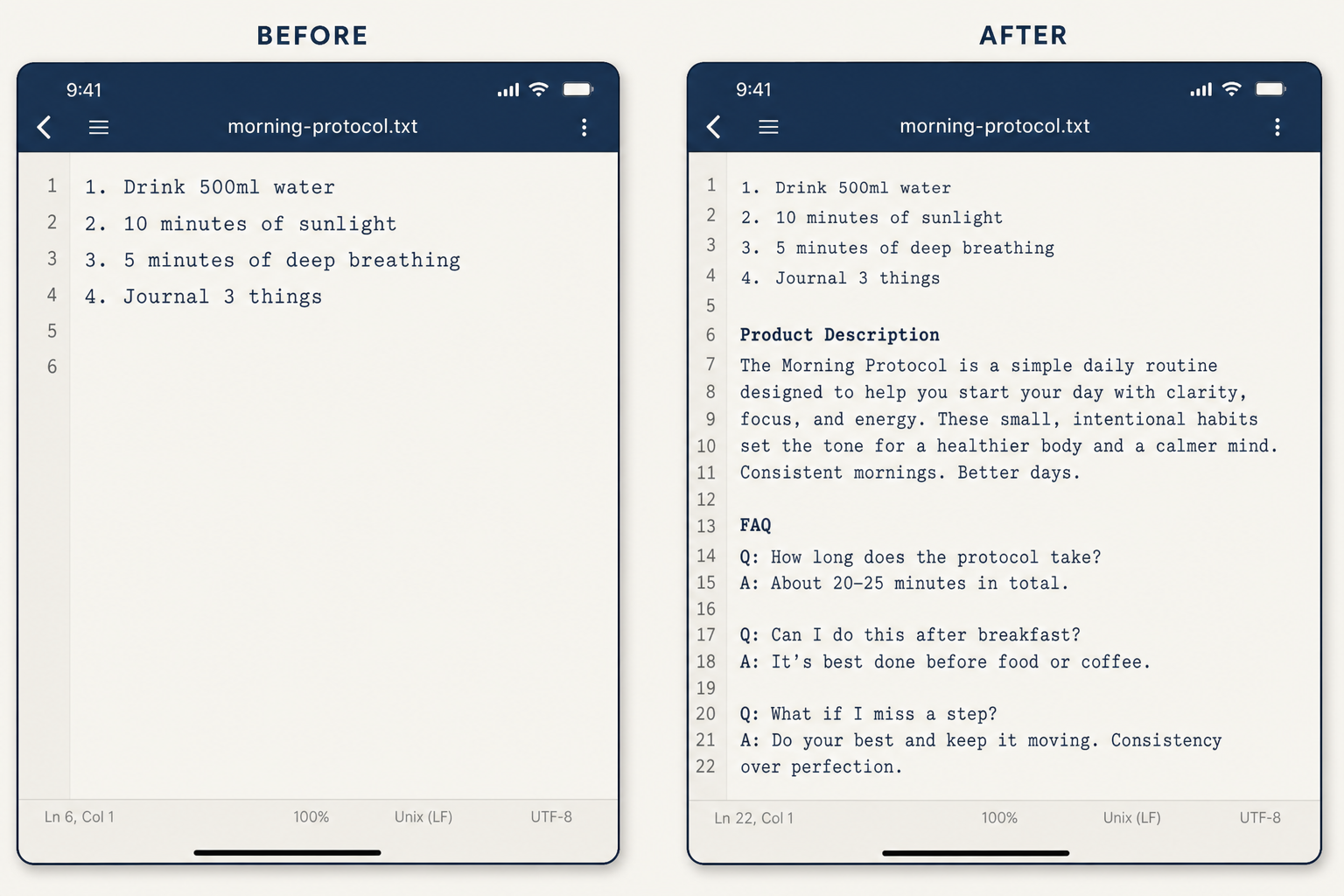 Mockup comparing a bare llms.txt file to the same file after product descriptions and FAQs are appended